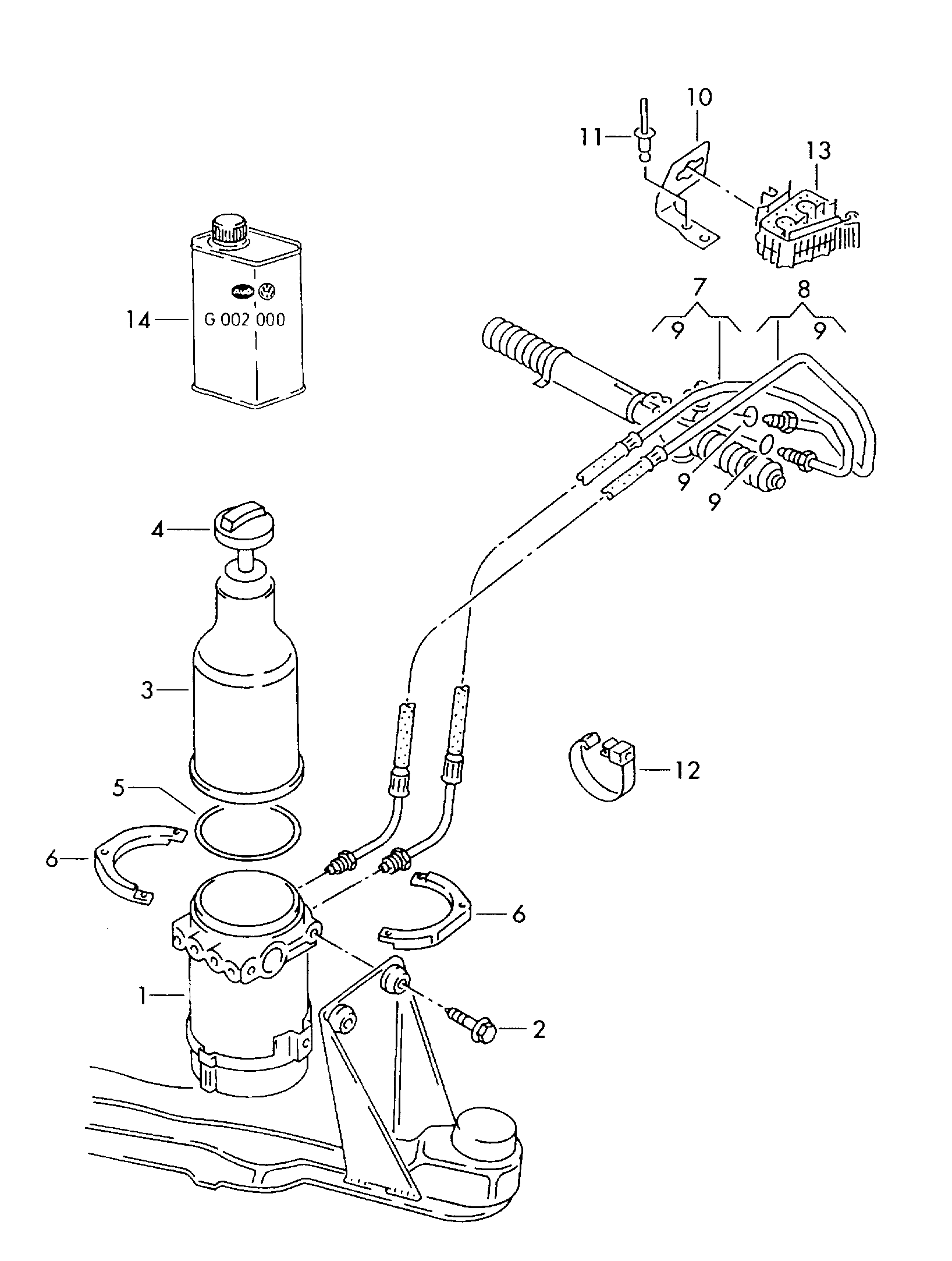Volkswagen Golf (1996) - Hydraulic pump. for power steering. oil container and connection parts, hoses