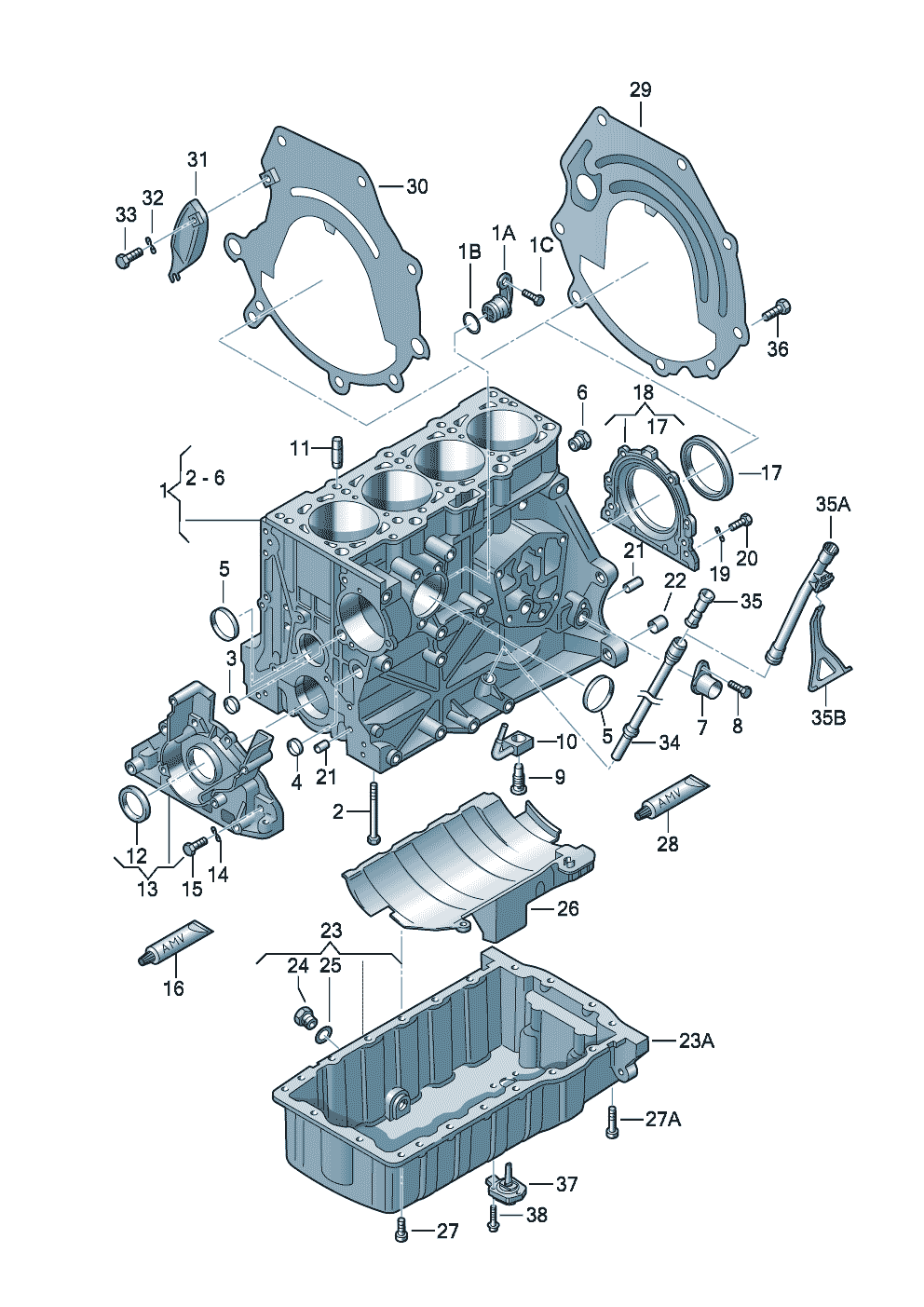 Volkswagen Golf/Golf R32 (2003 - 2006) - Cylinder block with pistons. oil sump