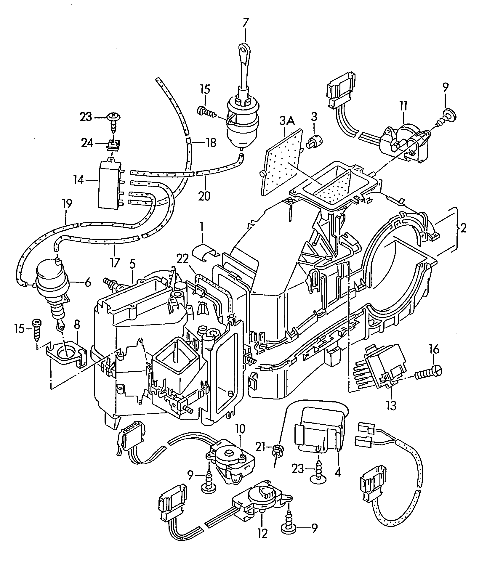 Volkswagen Golf (1997 - 1998) - Evaporator. Footwell vent. Fan. Evaporator housing. Air distribution housing