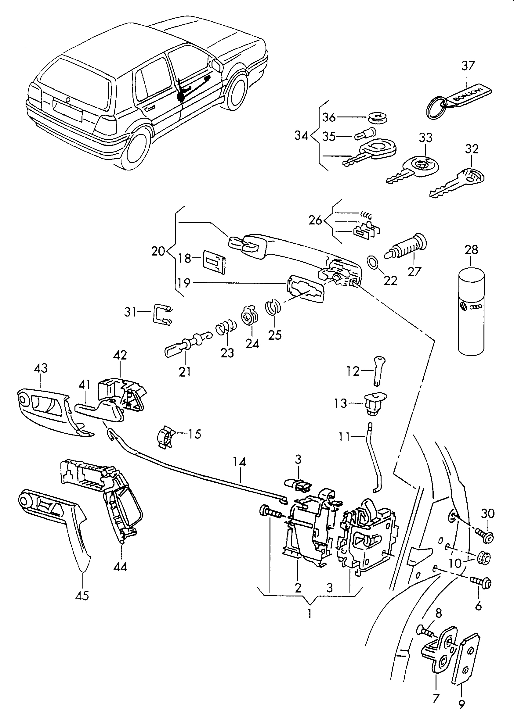 Volkswagen Golf (1997 - 1998) - Door lock. Inner actuator. Door handle, exterior