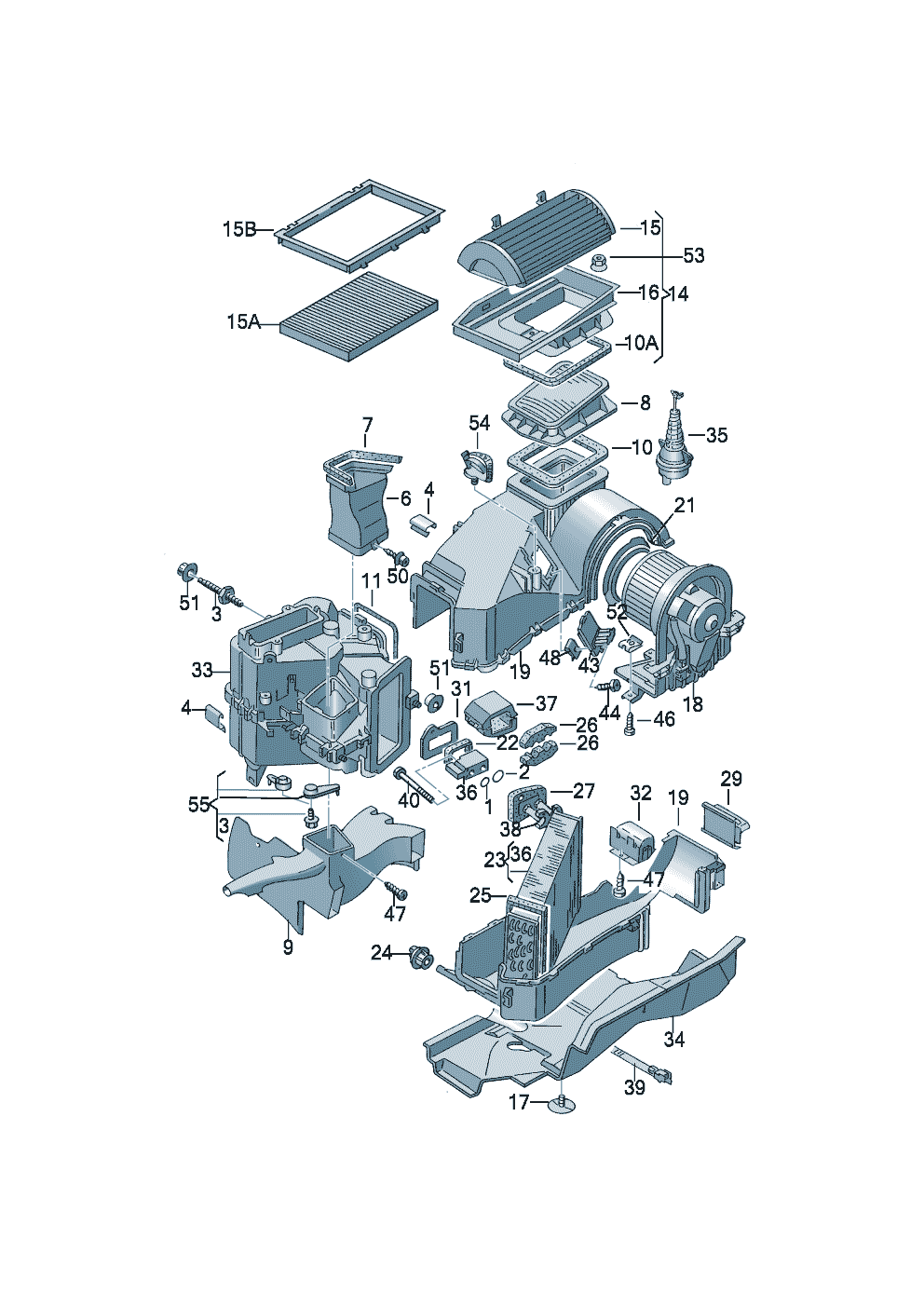 Volkswagen Golf (1997 - 1998) - Evaporator. Footwell vent. Fan. Evaporator housing. Air distribution housing