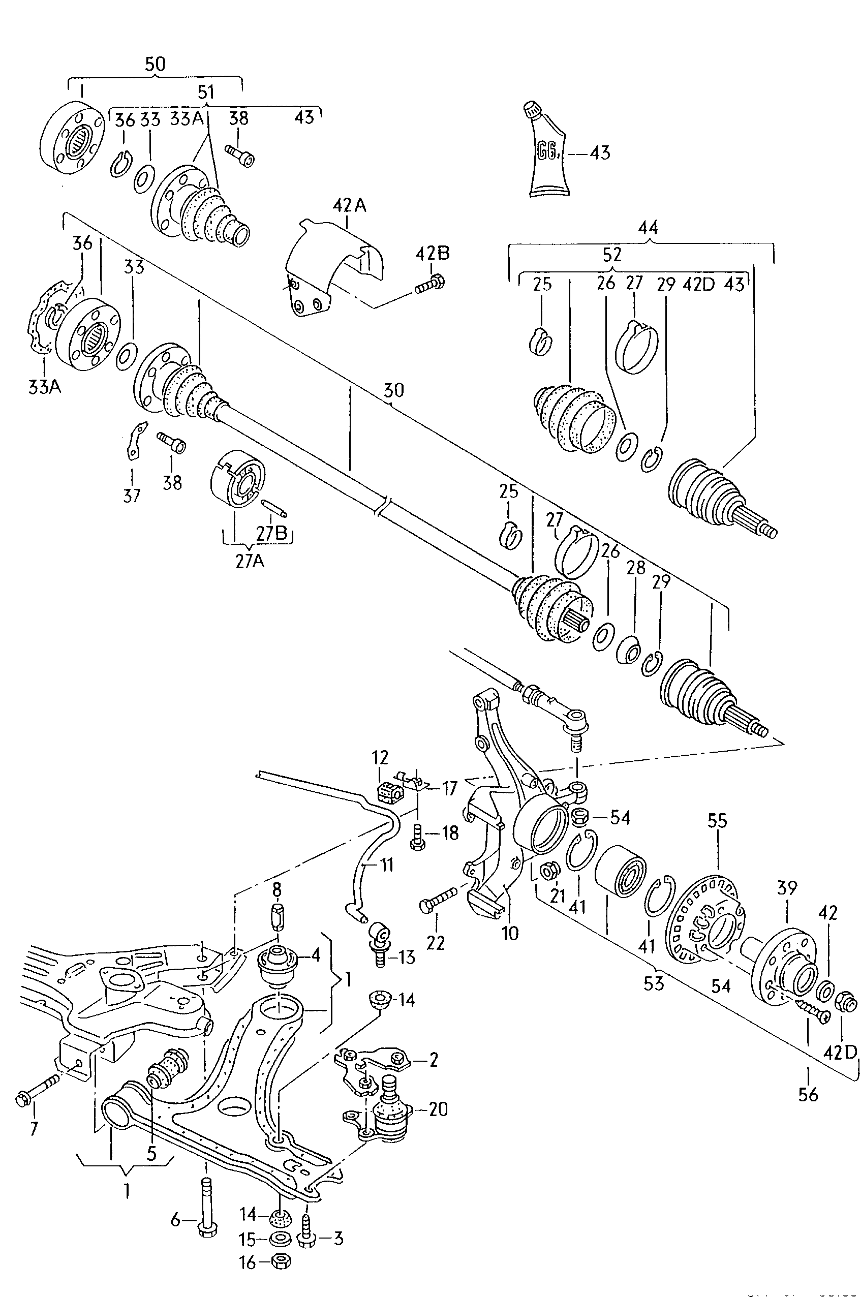 Wishbone. Drive shaft. Wheel bearing housing. Anti-roll bar