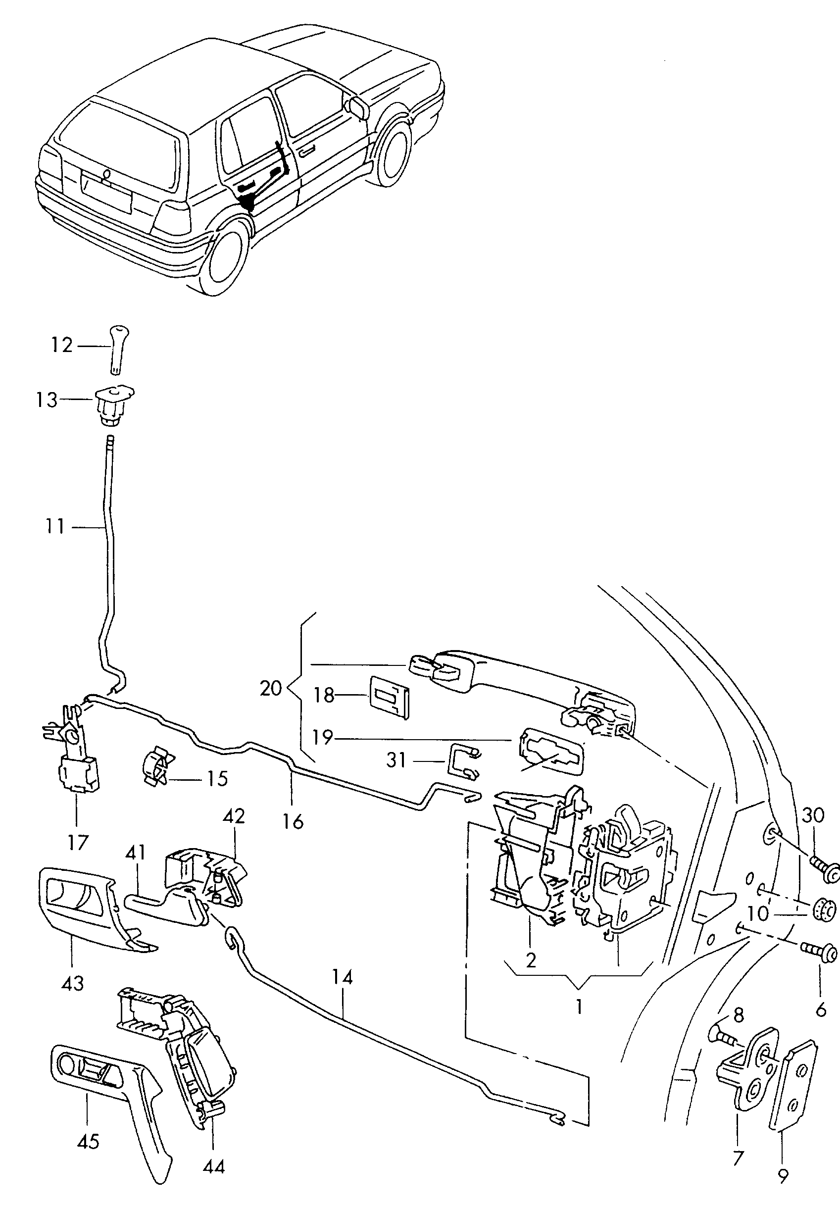 Volkswagen Golf (1997 - 1998) - Door lock. Inner actuator. Door handle, exterior