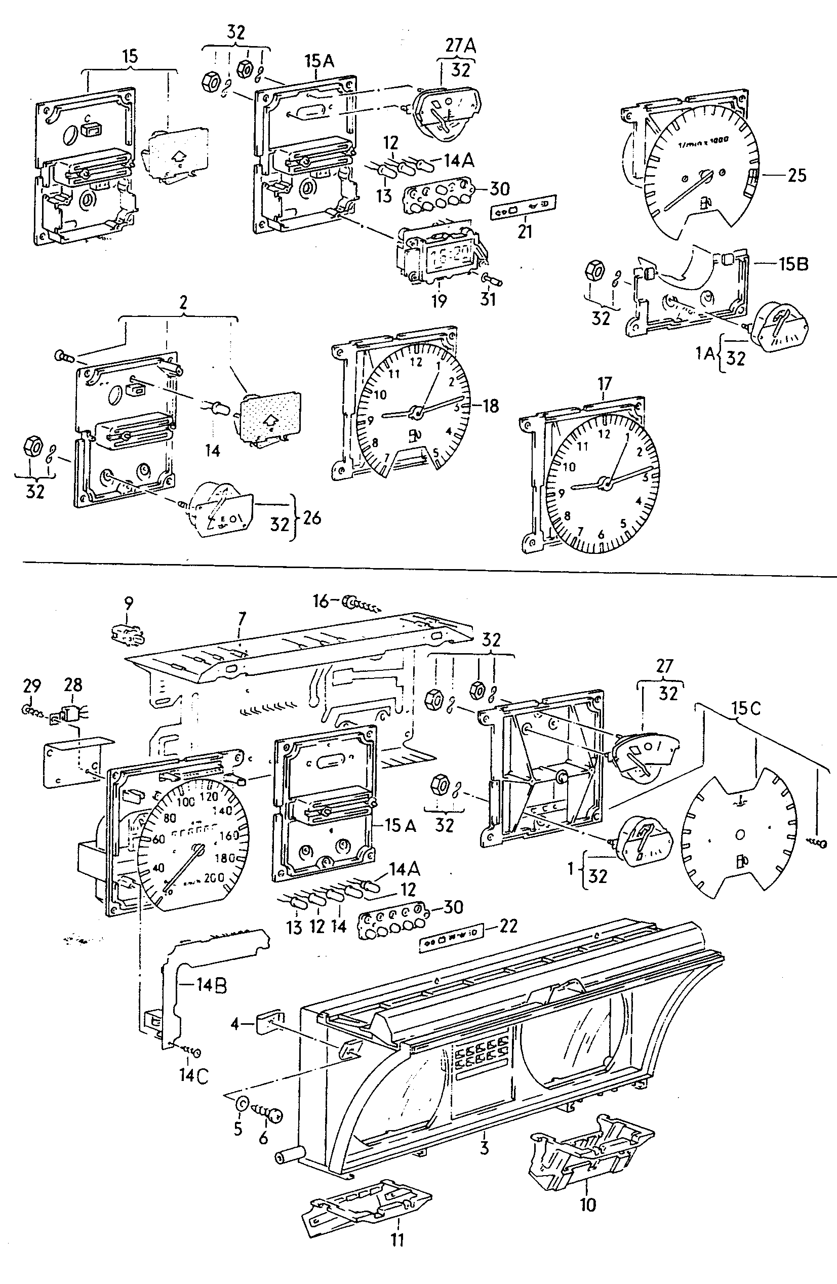 Instrument housing, fuel, temperature, gearshift and consumption gauges, printed circuit foil, clock, revolution counter