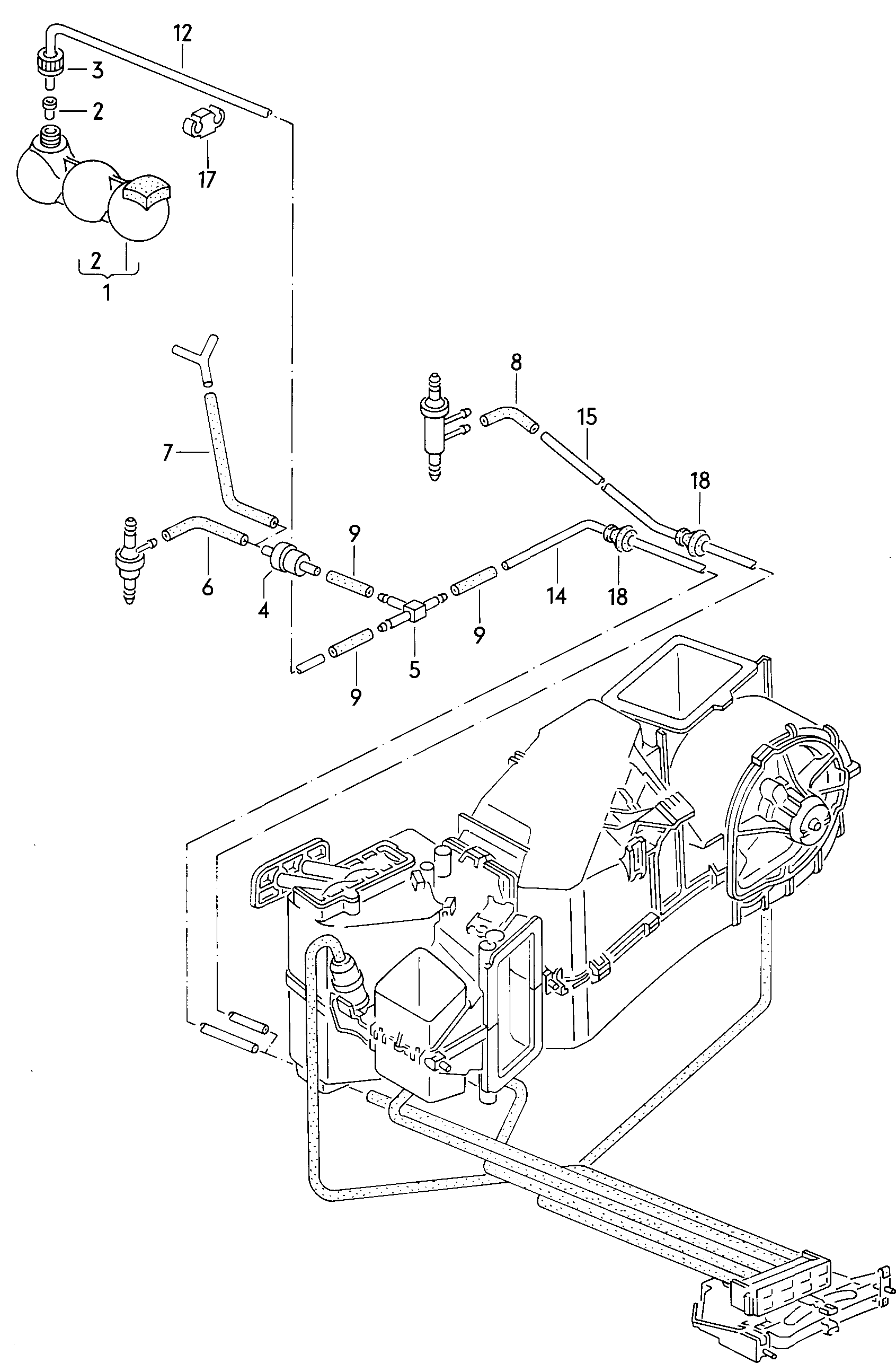 Evaporator. Footwell vent. Fan. Evaporator housing. Air distribution housing