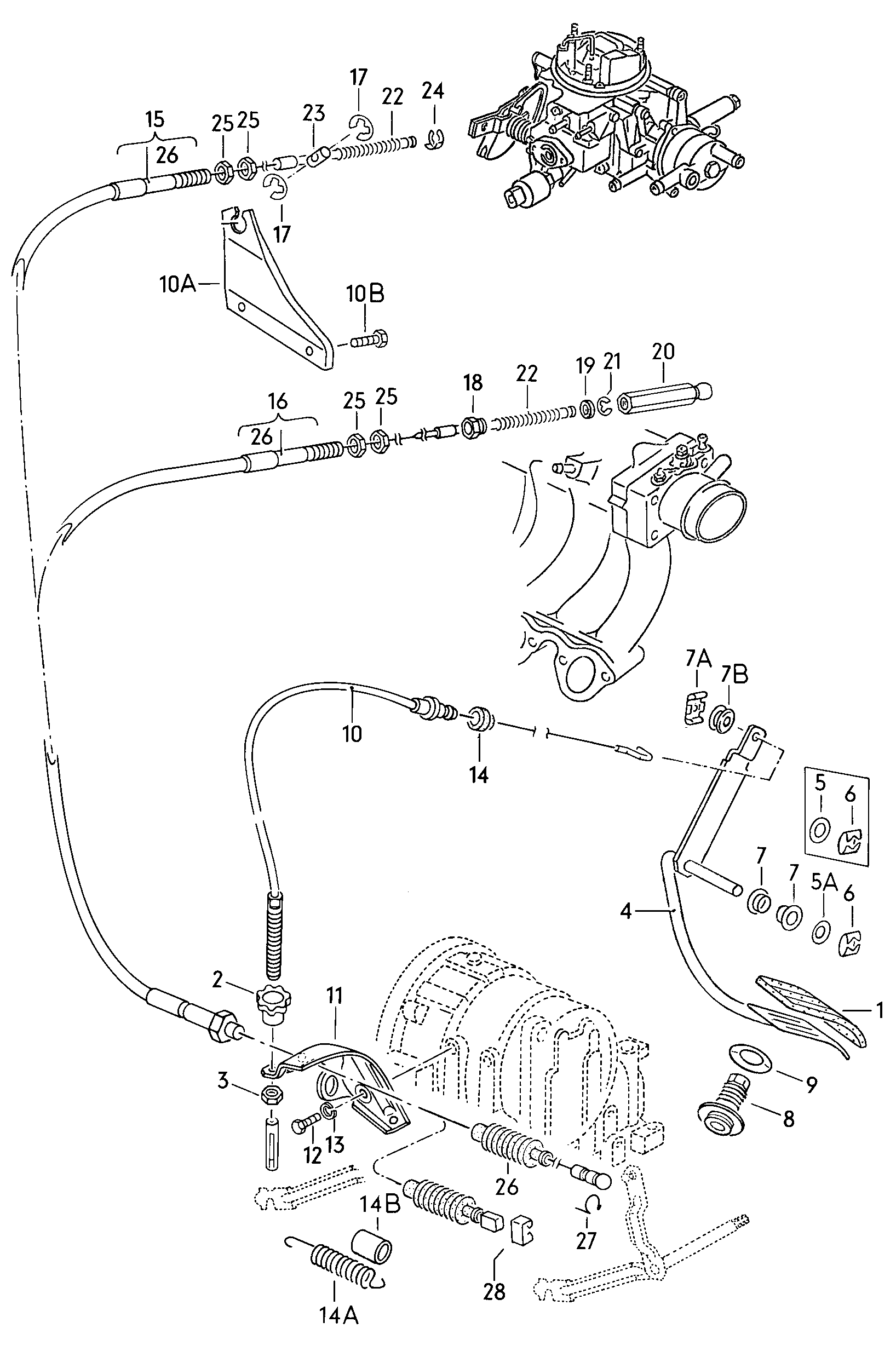 Volkswagen Golf (1979 - 1980) - For manual gearbox. brake, clutch pedal cluster, clutch cable