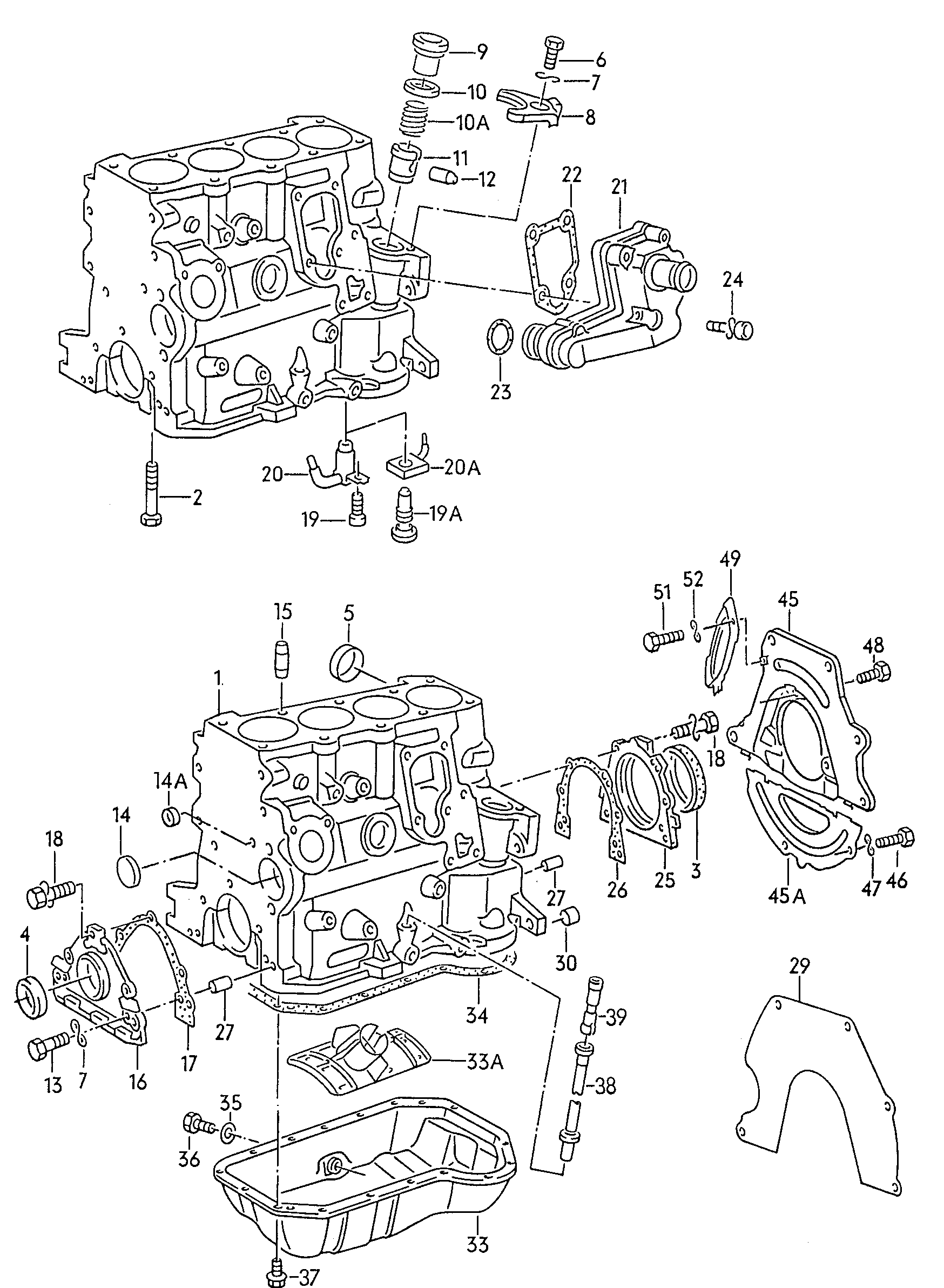 Cylinder block with pistons. oil sump