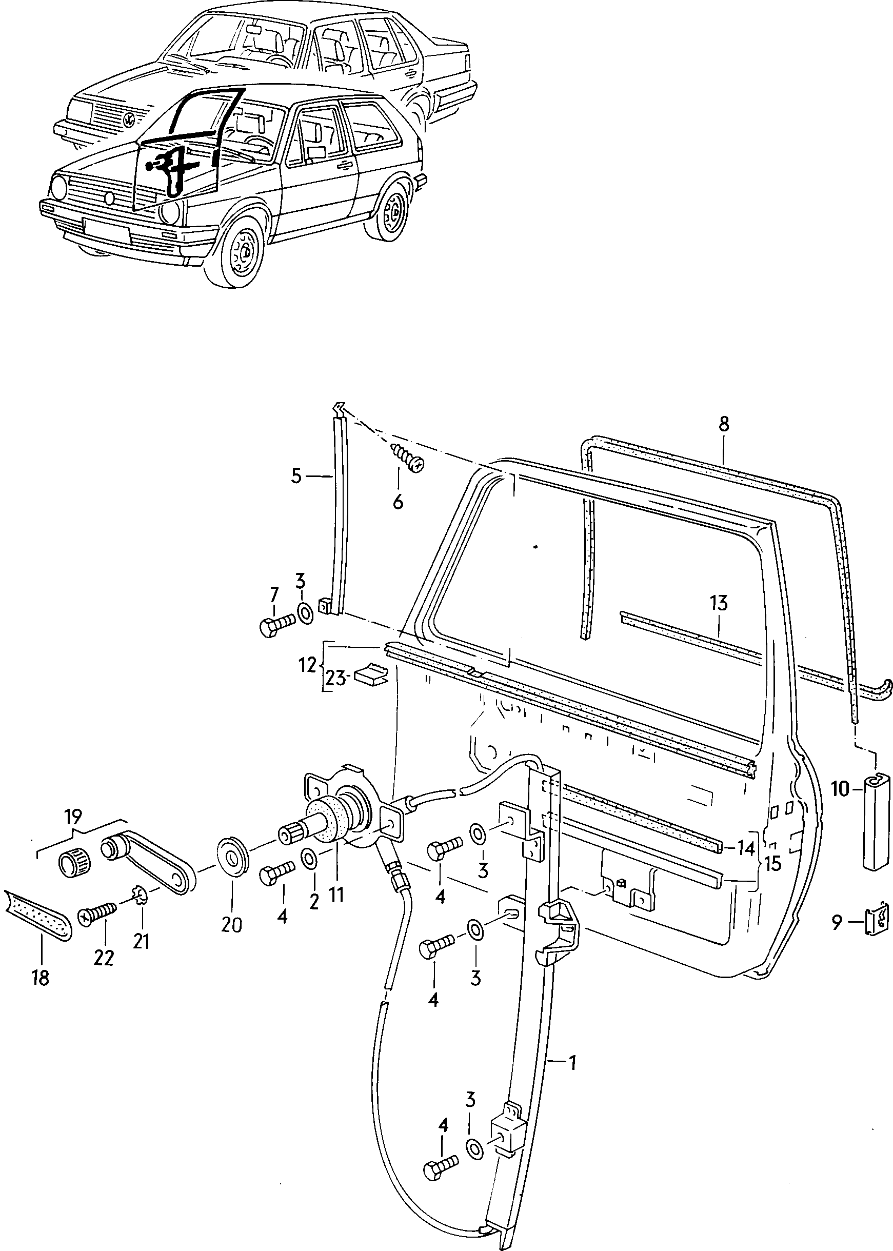 Volkswagen Golf/Var.-syn./Rall./Coun. (1986 - 1991) - Door lock. Inner actuator. Door handle, exterior
