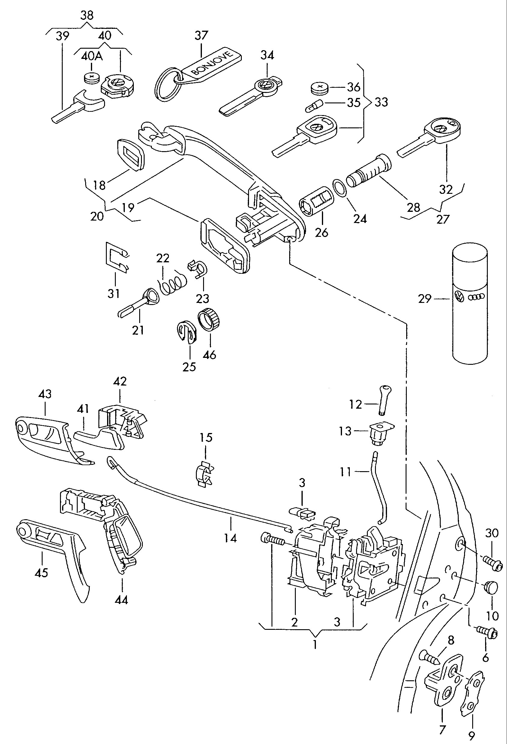 Volkswagen Golf Cabriolet (1994 - 1998) - Door lock. Inner actuator. Door handle, exterior