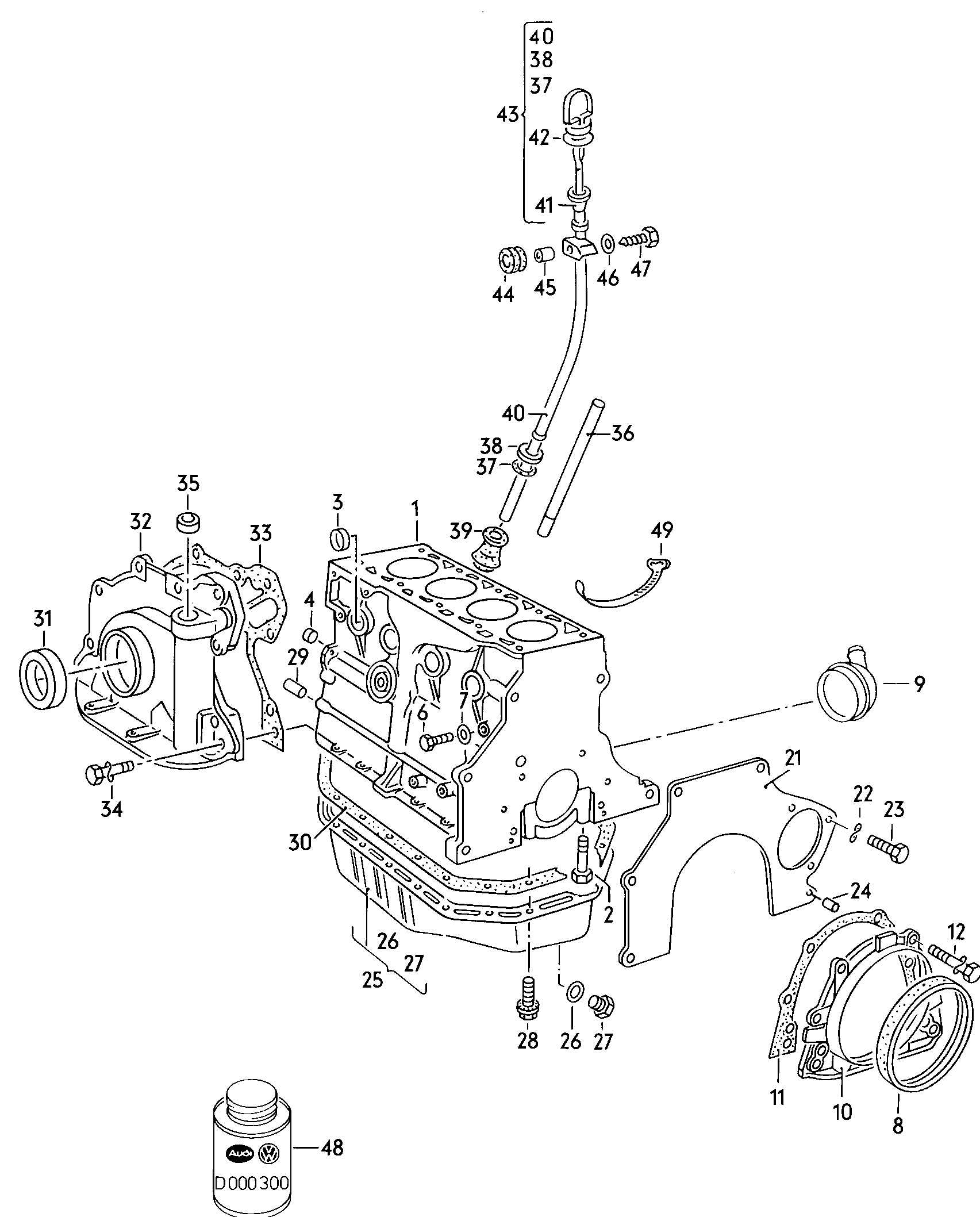 Cylinder block with pistons. oil sump