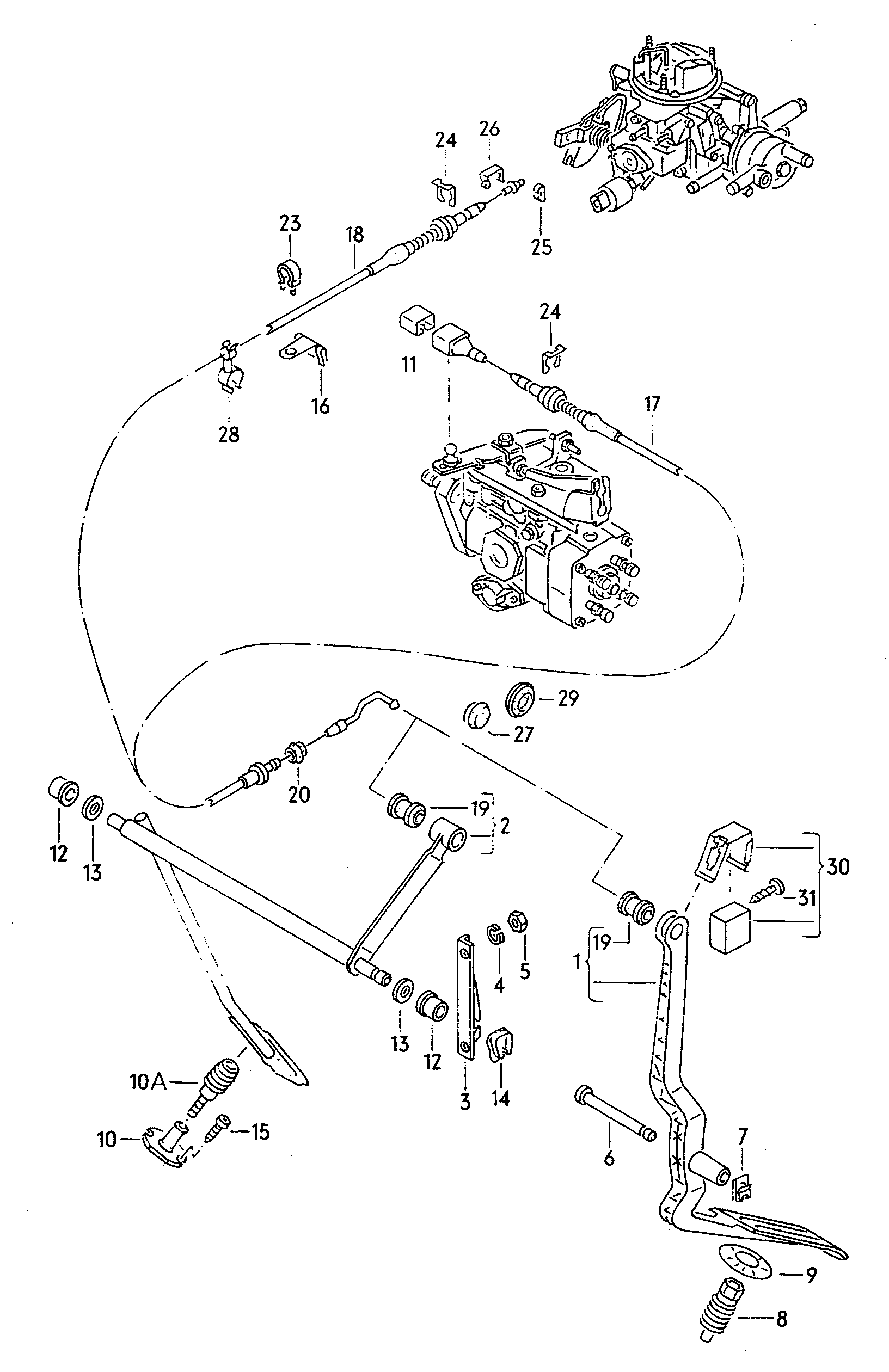 Volkswagen Golf/Var.-syn./Rall./Coun. (1986 - 1991) - Brake, clutch pedal cluster, clutch cable
