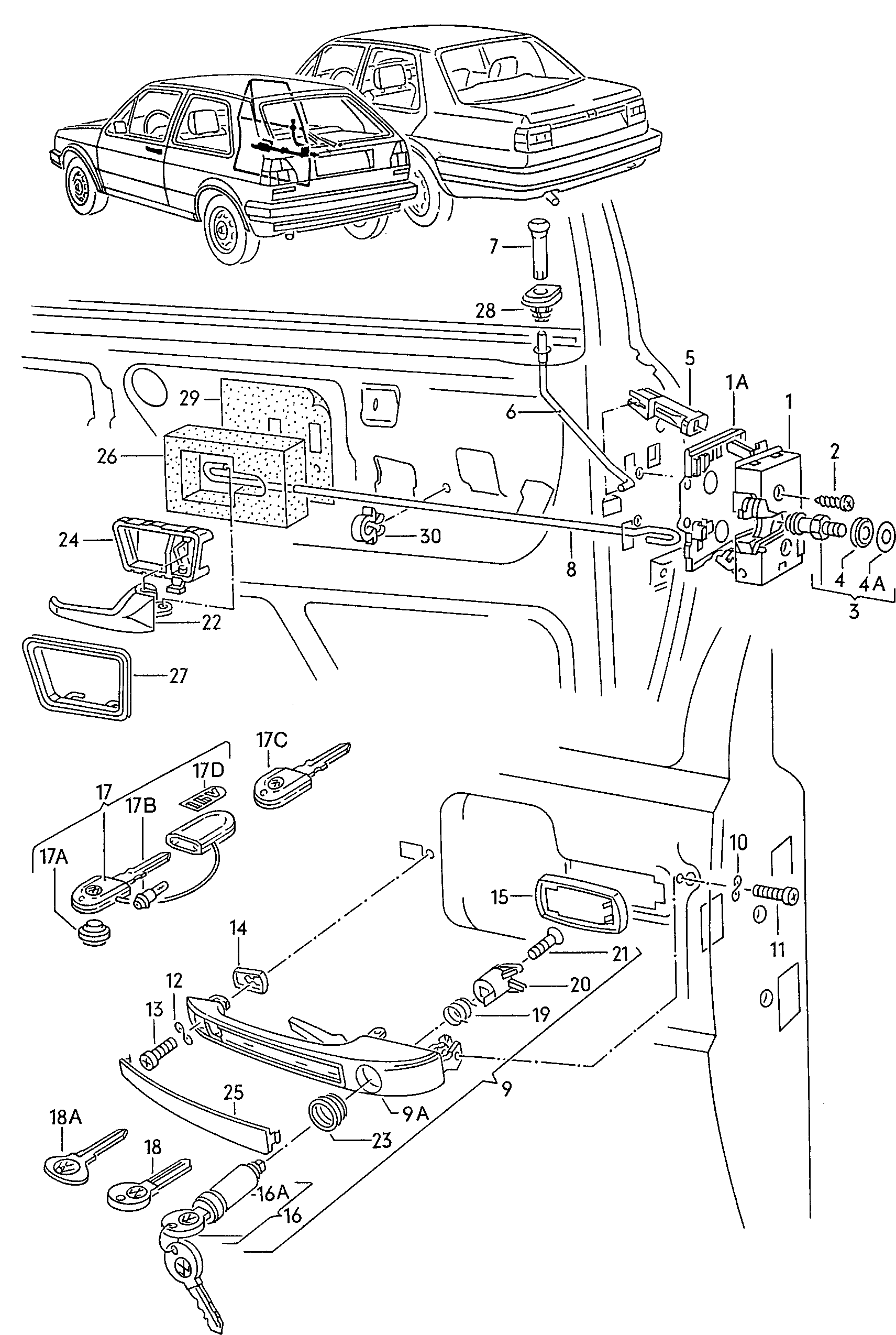 Door lock. Inner actuator. Door handle, exterior