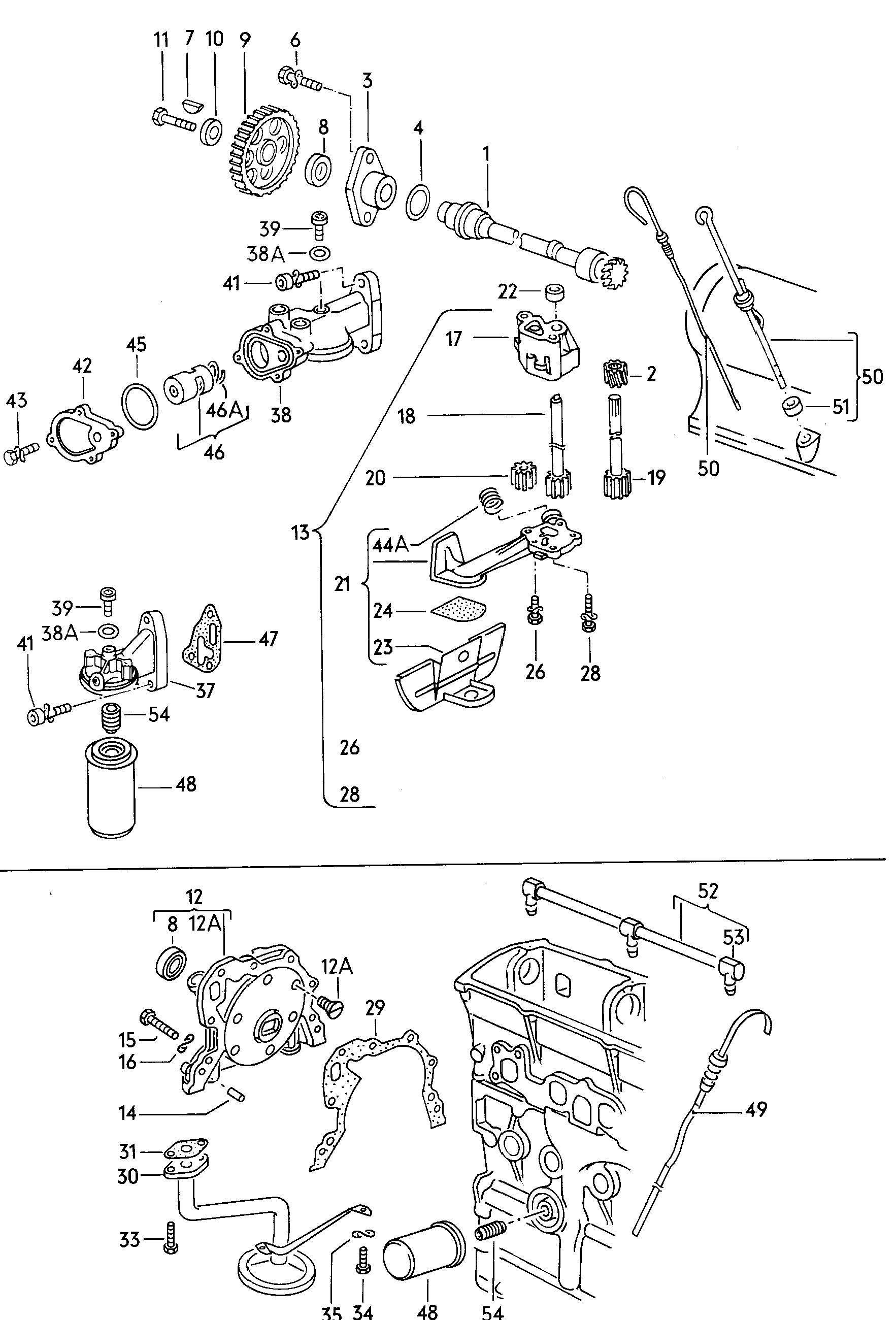 Volkswagen Golf (1981) - Oil pump. oil filter. Oil dipstick