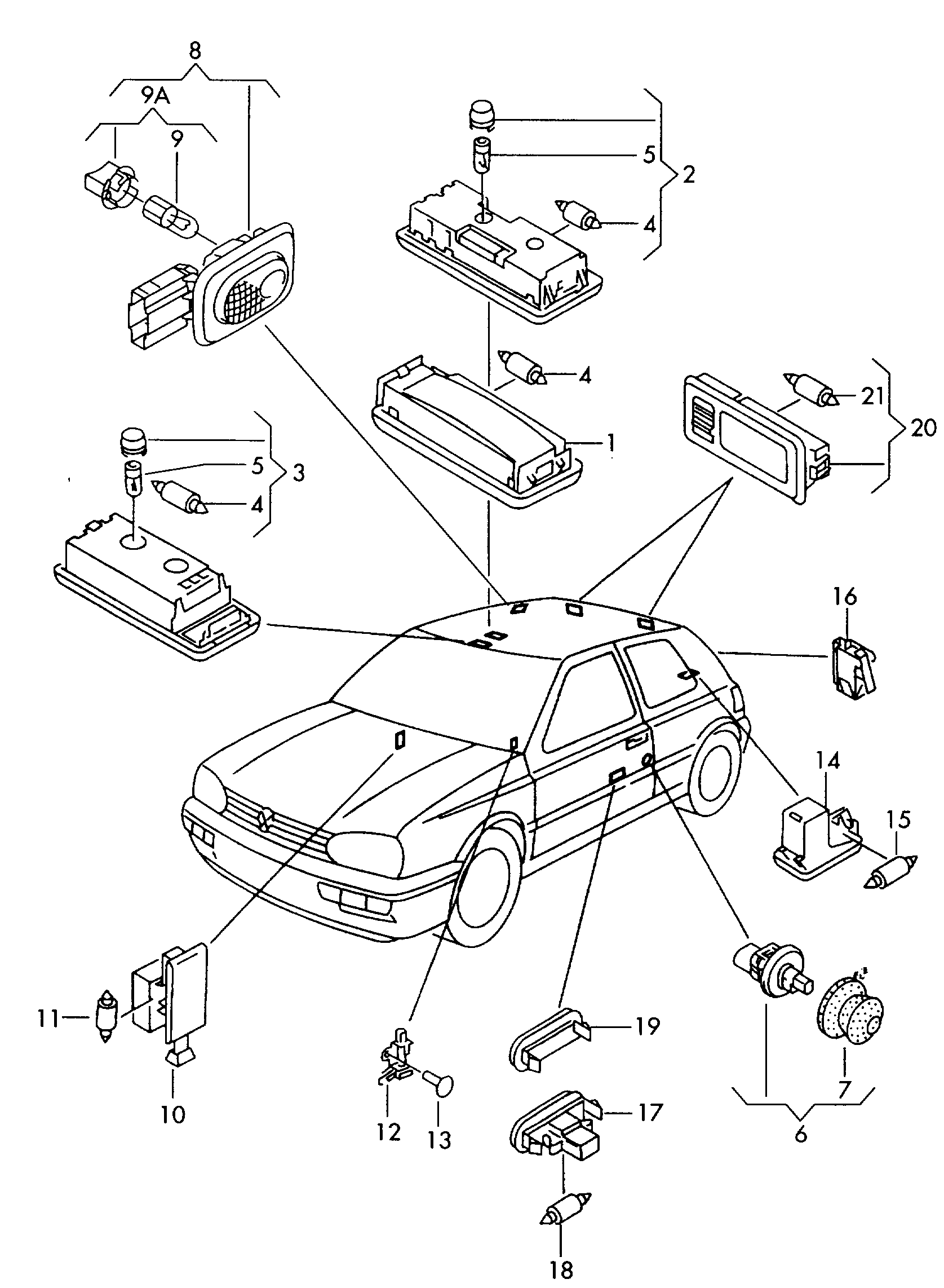 Volkswagen Golf (1997 - 1998) - Interior light. Reading light. luggage compartment light. Switch. for hand brake control system. Glove compartment lid light. load compartment light. Door warning light. rear light reflector