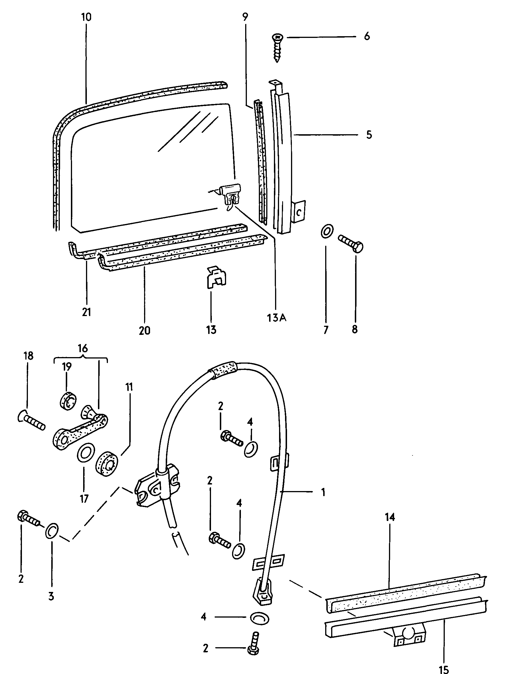 Volkswagen Golf (1979 - 1980) - Window lifter, guide channels, window slot seal for door