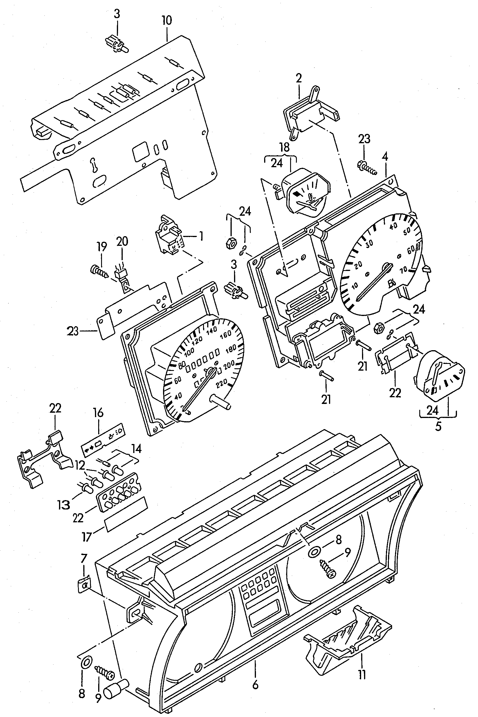 For models with analogue clock. for vehicles without clock. Instrument housing and mounting parts