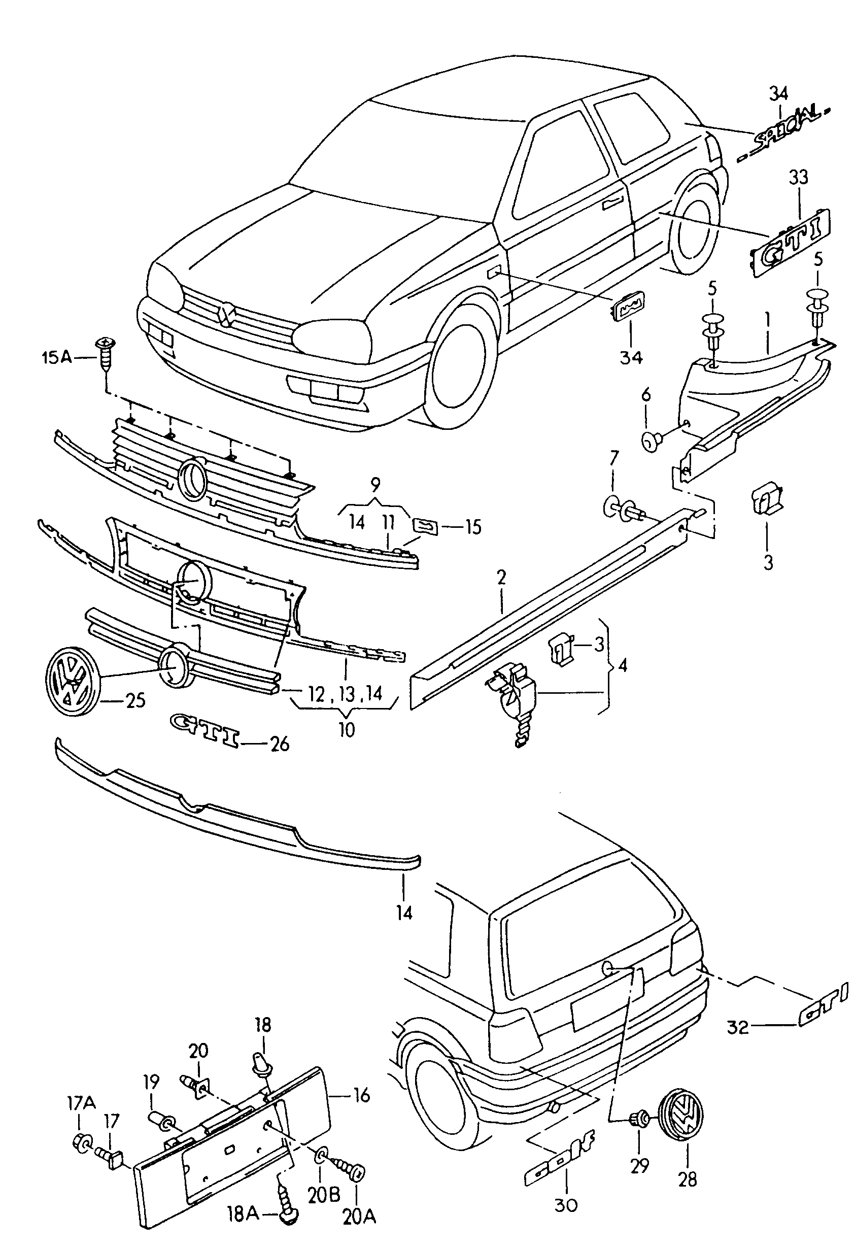 Volkswagen Golf (1993 - 1996) - Moldings. Decorative trim. Protective strips