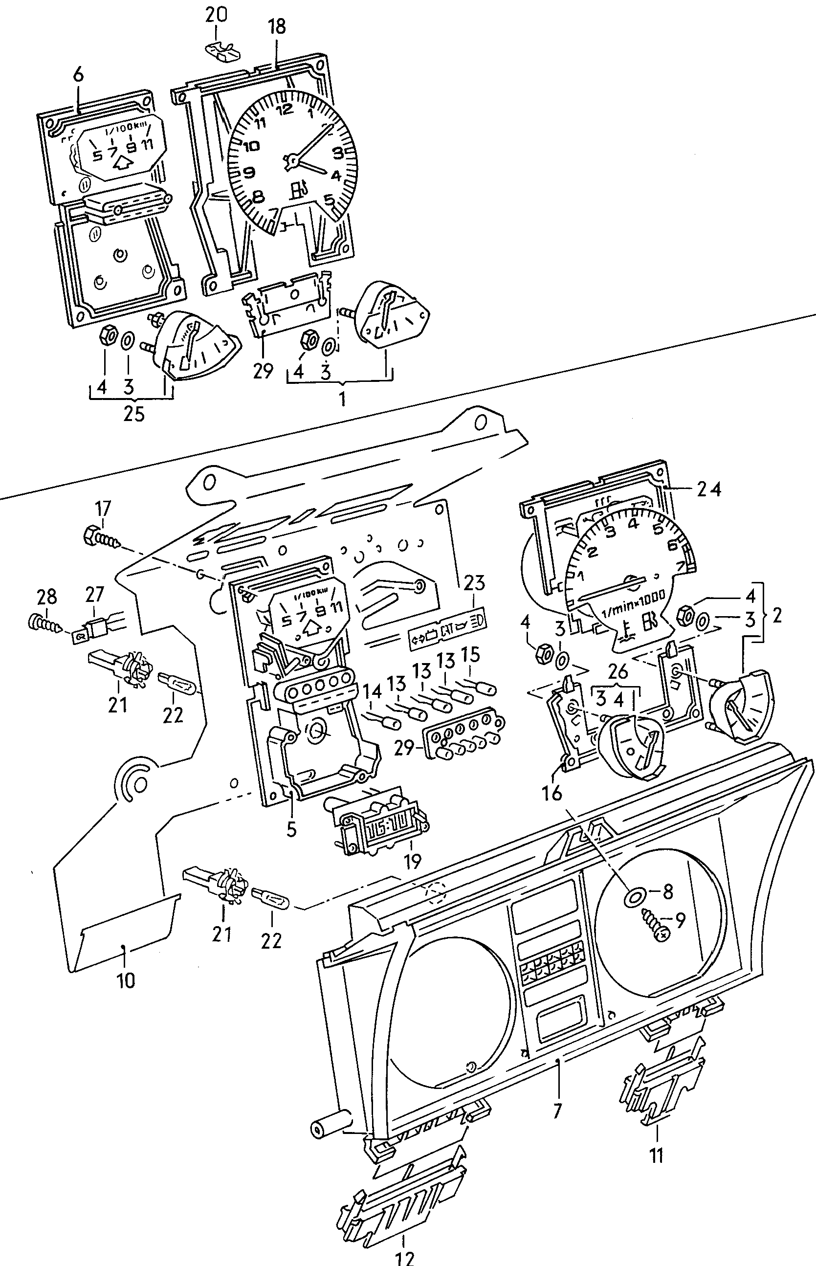 Volkswagen Golf (1981) - Instrument housing, fuel, temperature, gearshift and consumption gauges, printed circuit foil, clock, revolution counter