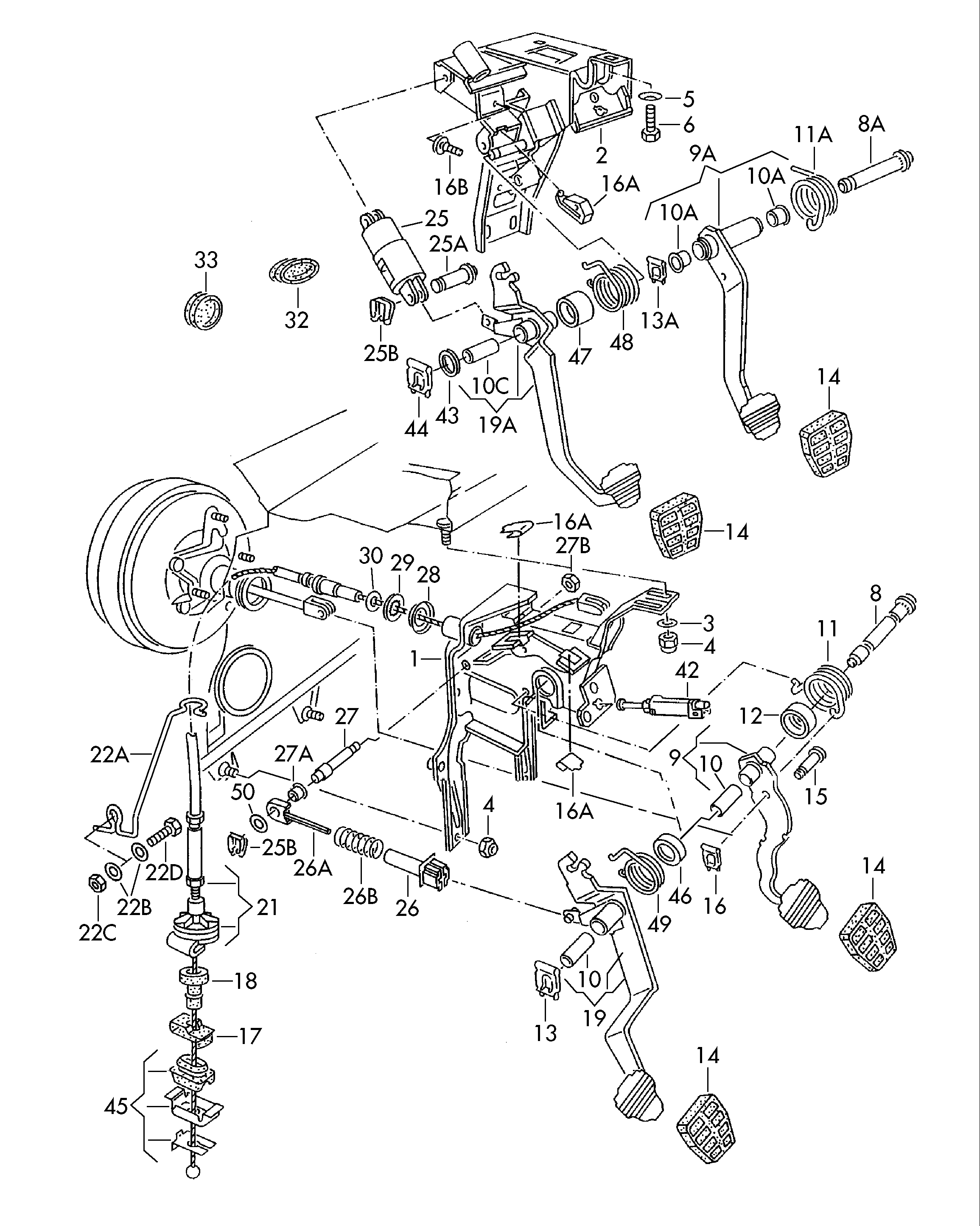 Brake, clutch pedal cluster, clutch cable
