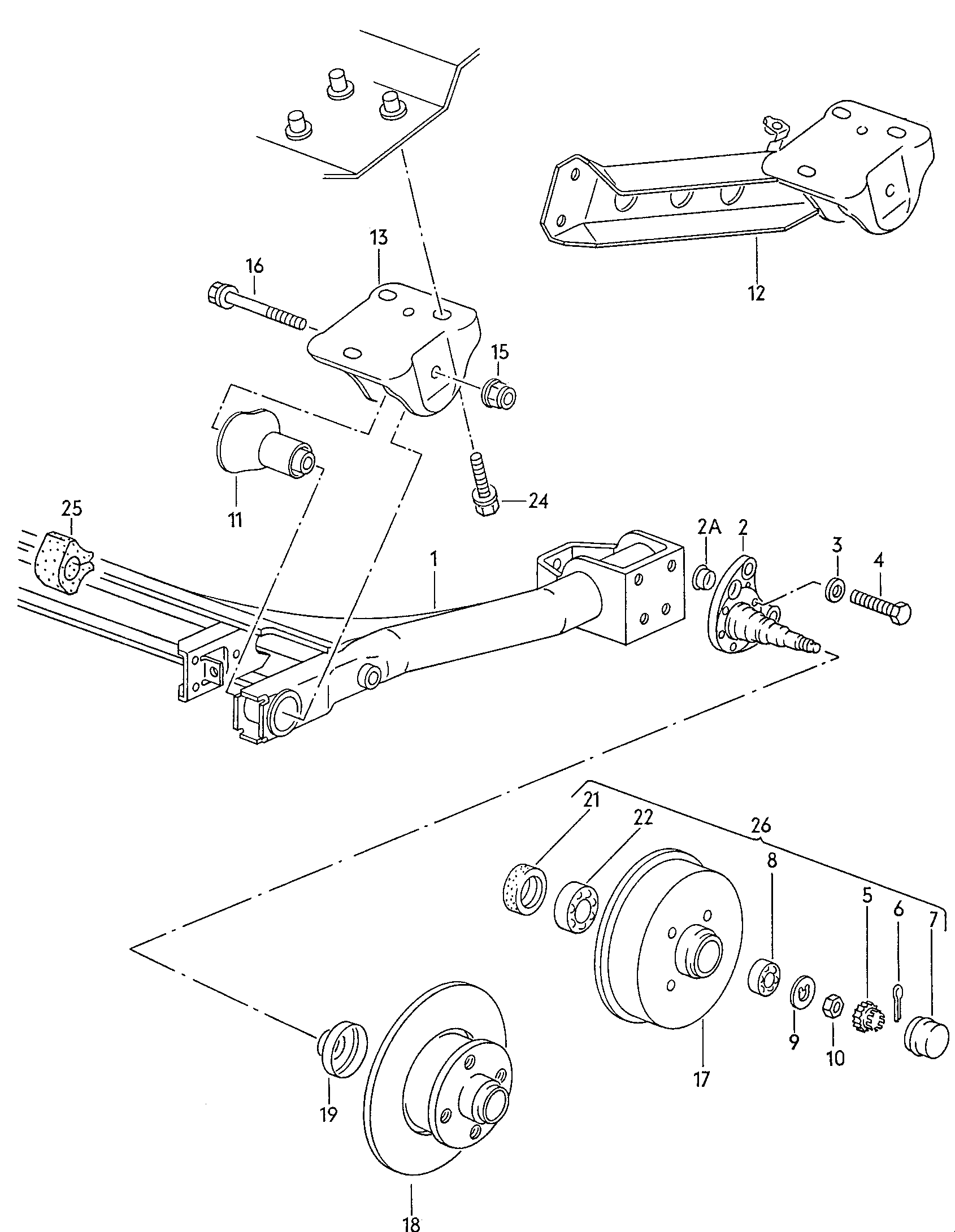 Rear axle beam with attachment parts