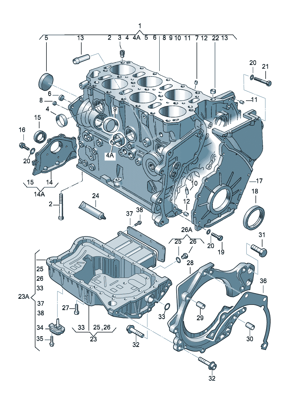 Volkswagen Golf/Golf R32 (2003 - 2006) - Cylinder block with pistons. oil sump