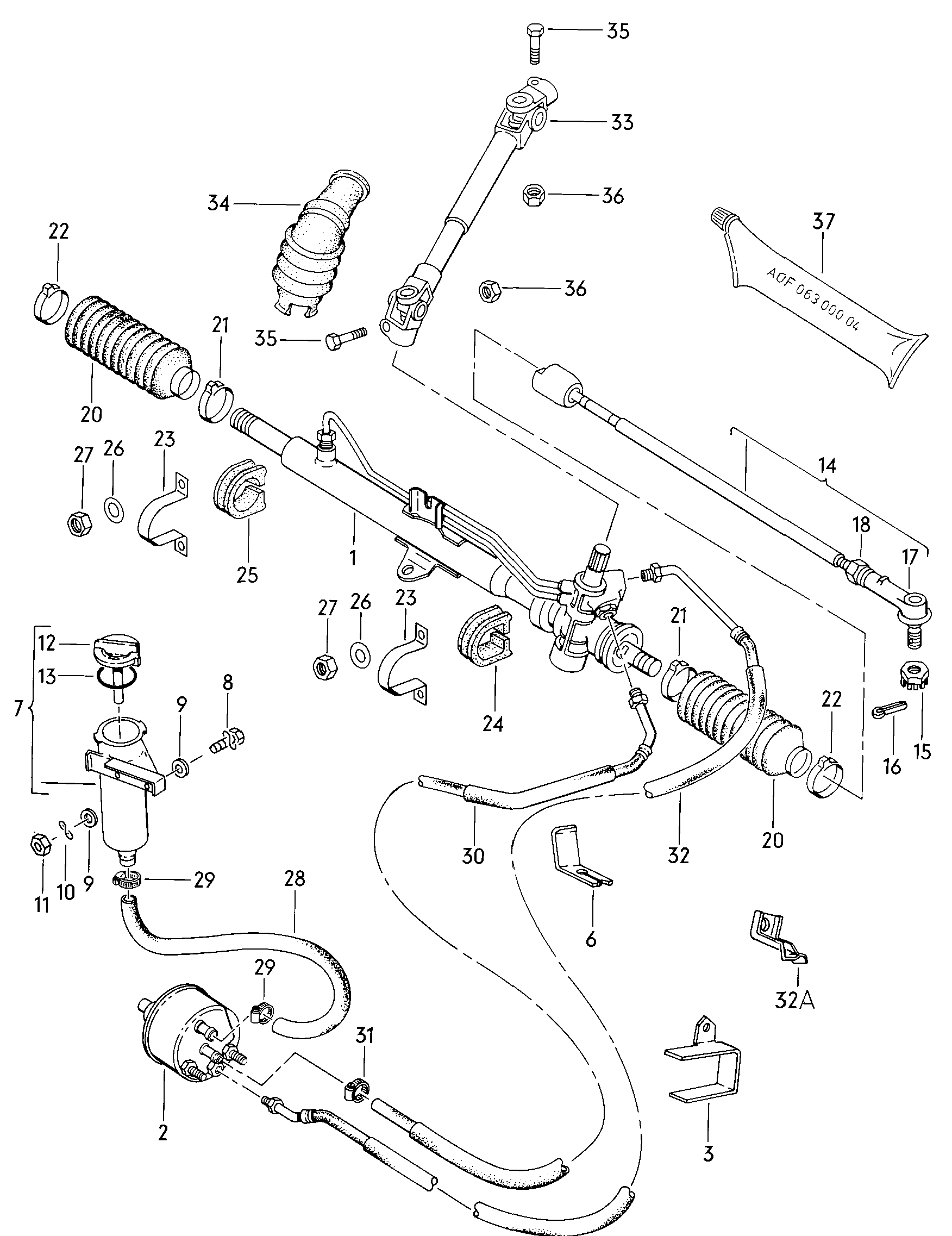 Volkswagen Golf (1982 - 1984) - Track rod. oil container and connection parts, hoses. Steering gear