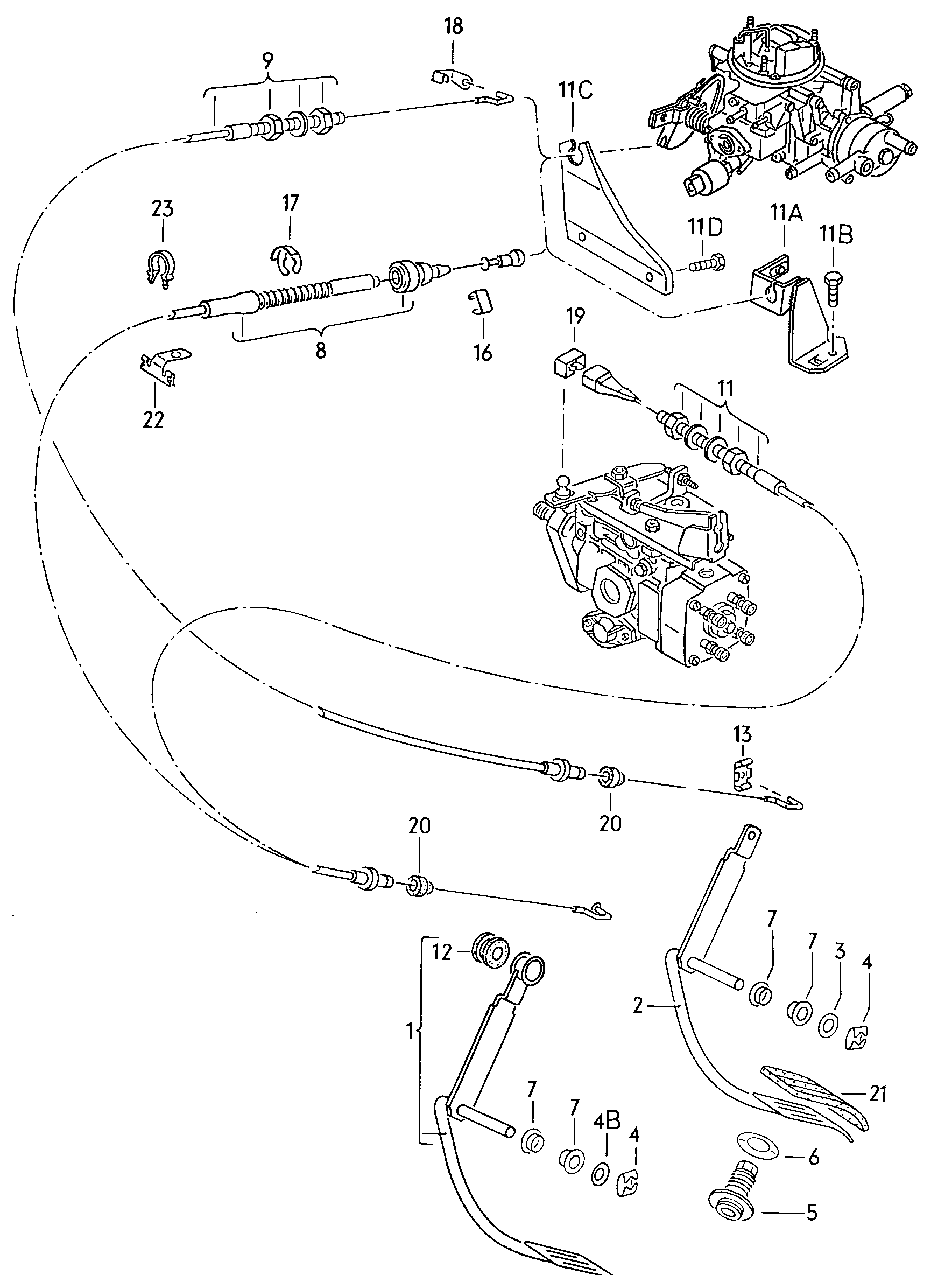 Volkswagen Golf (1979 - 1980) - For manual gearbox. brake, clutch pedal cluster, clutch cable