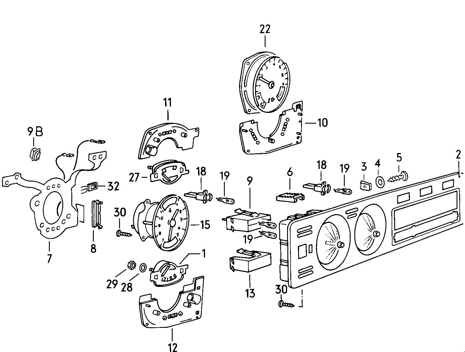 Volkswagen Golf (1981) - Instrument housing, fuel, temperature, gearshift and consumption gauges, printed circuit foil, clock, revolution counter