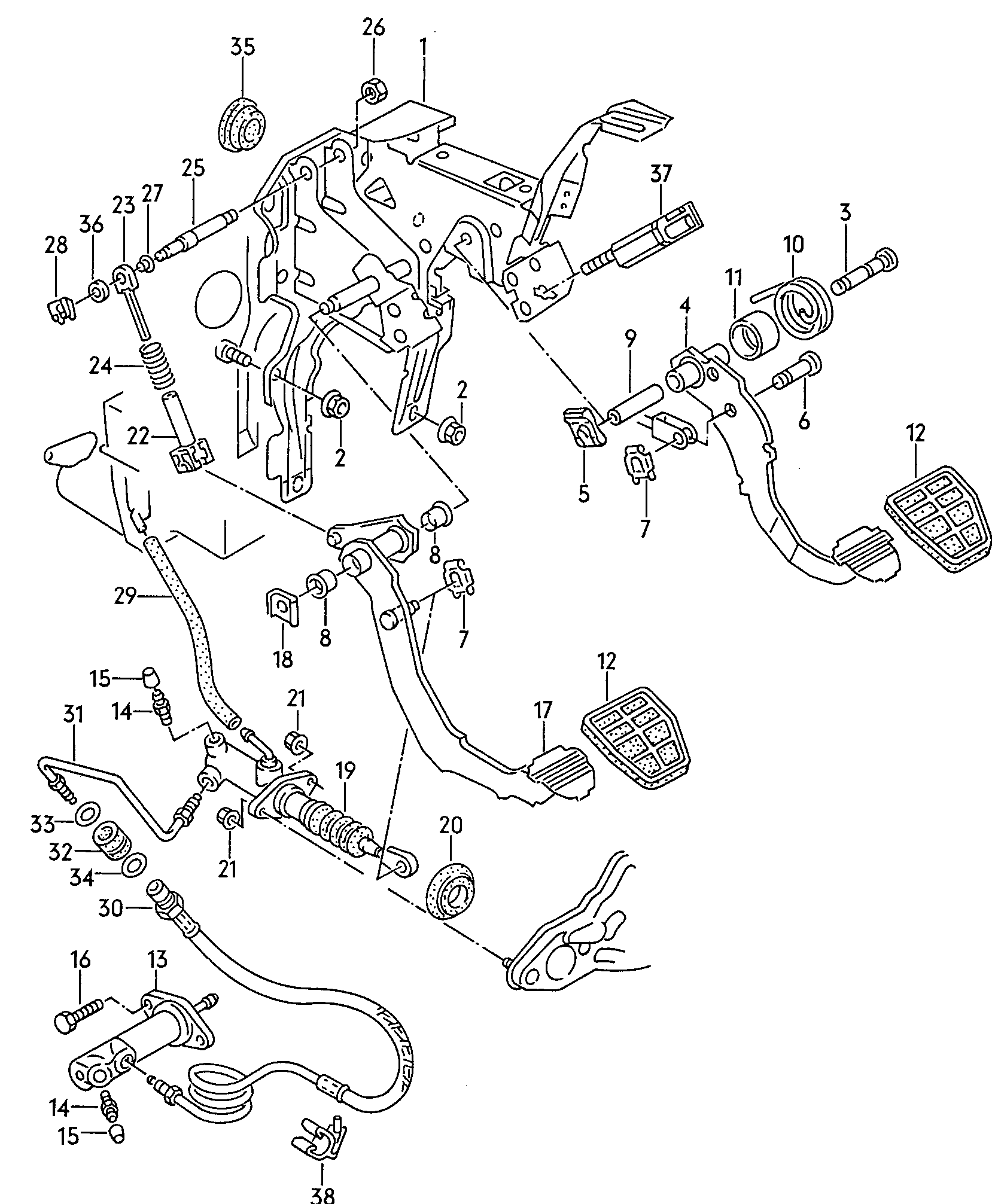 Volkswagen Golf/Var.-syn./Rall./Coun. (1986 - 1991) - Brake, clutch pedal cluster, clutch cable