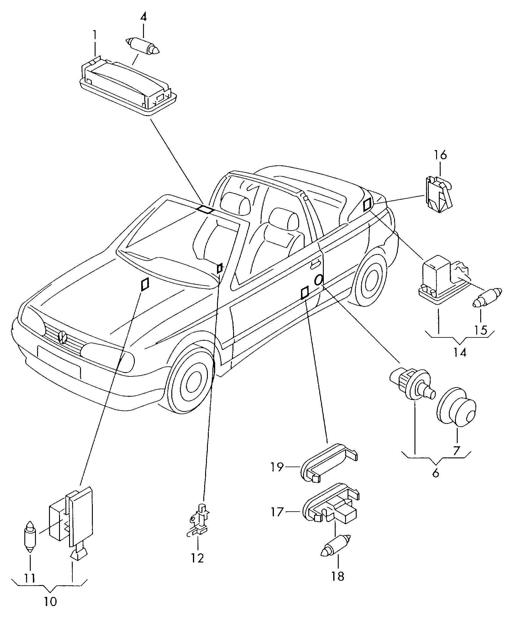 Volkswagen Golf Cabriolet (1994 - 1998) - Interior light. luggage compartment light. Switch. for hand brake control system. Glove compartment lid light. Door warning light. rear light reflector