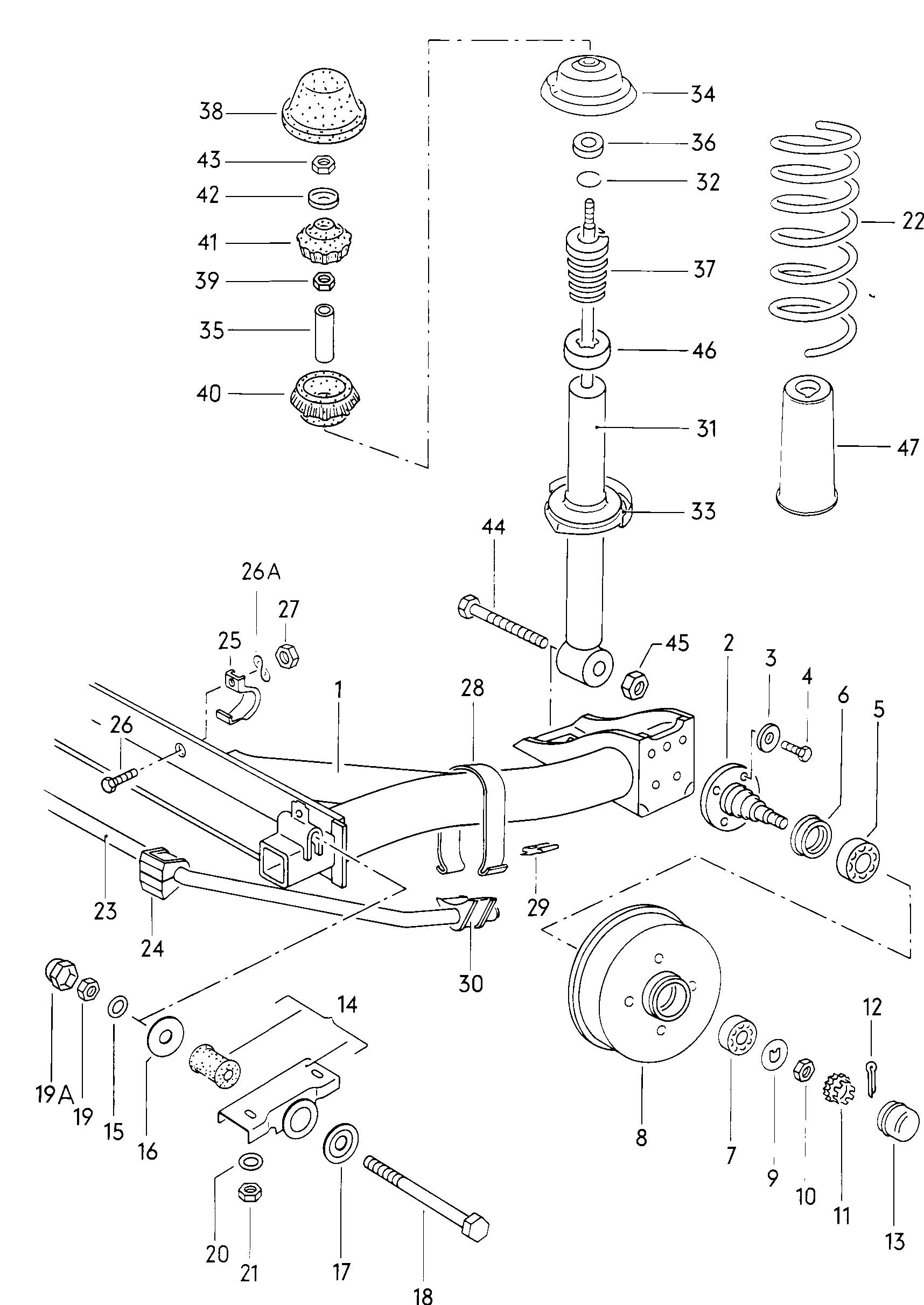 Volkswagen Golf (1977 - 1978) - Rear axle beam. Anti-roll bar. suspension