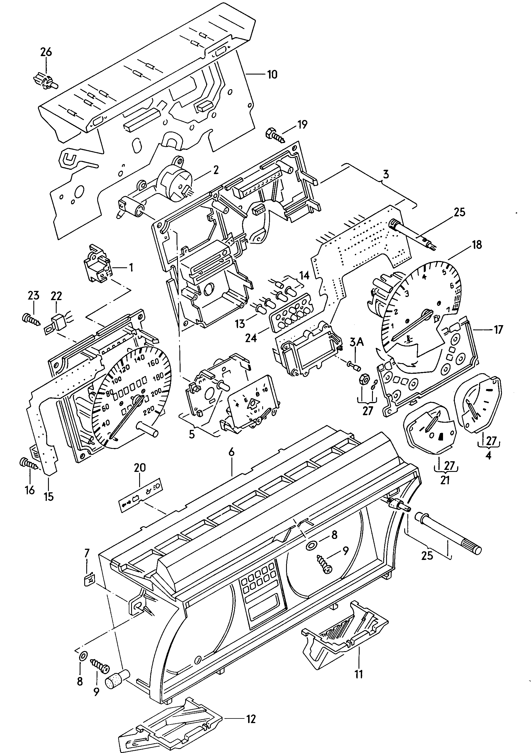 Instrument housing, fuel, temperature, gearshift and consumption gauges, printed circuit foil, clock, revolution counter