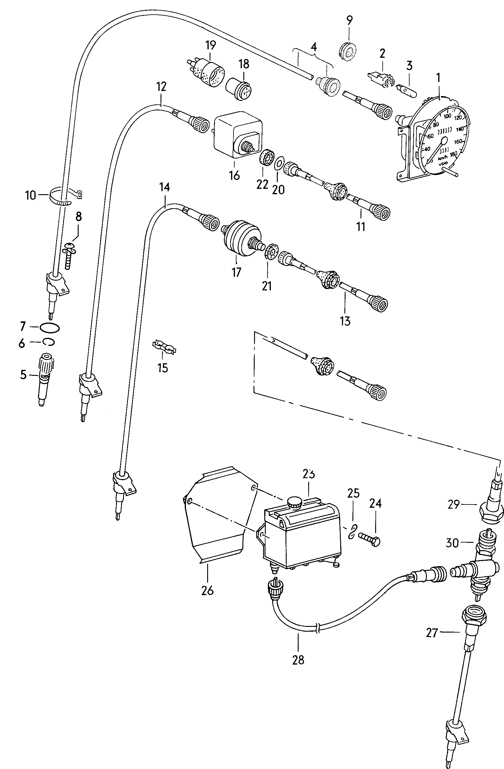 Volkswagen Golf (1979 - 1980) - Speedometer drive cable. speedometer. trip recorder. catalyst and speed control