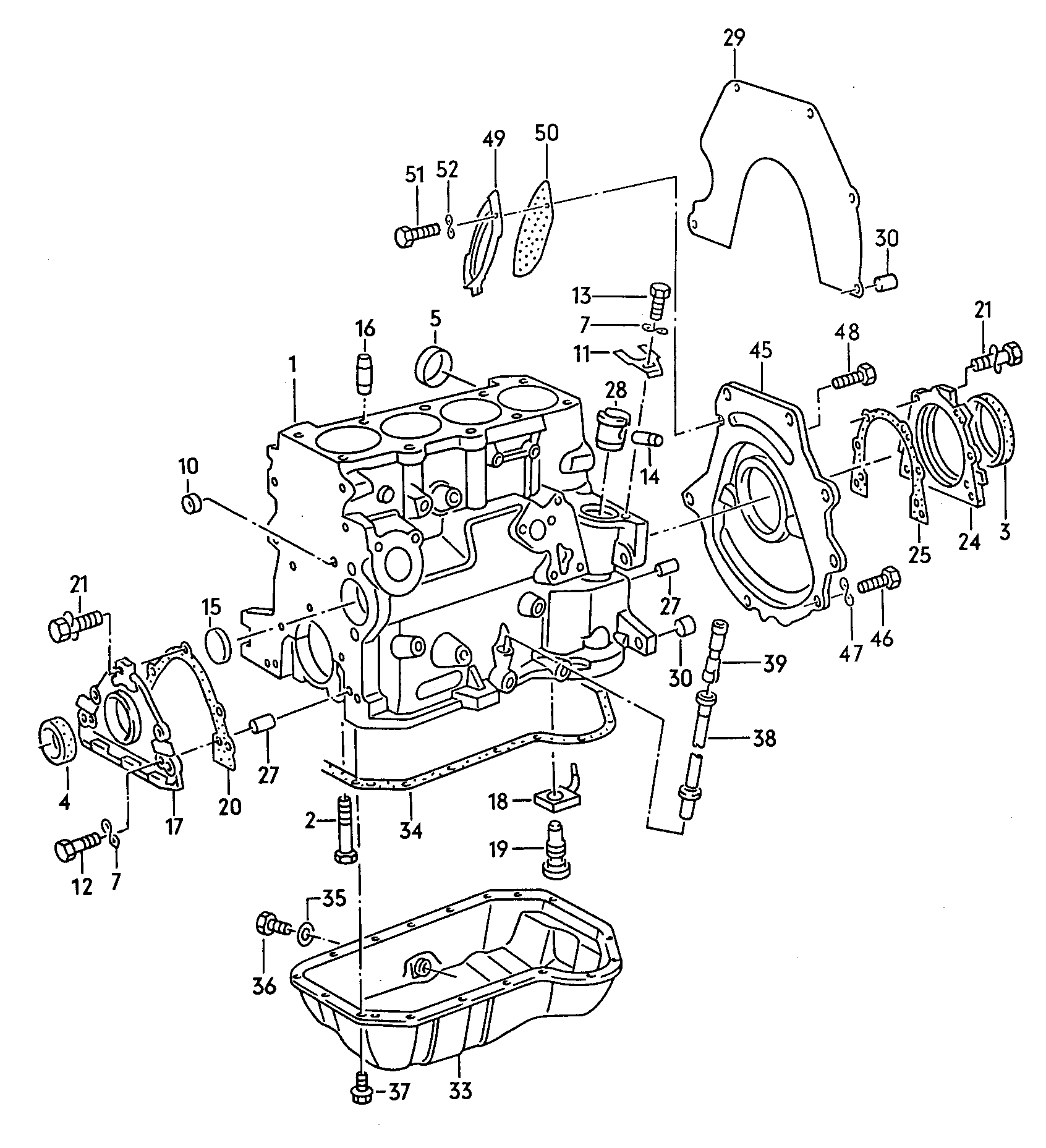 Cylinder block with pistons. oil sump