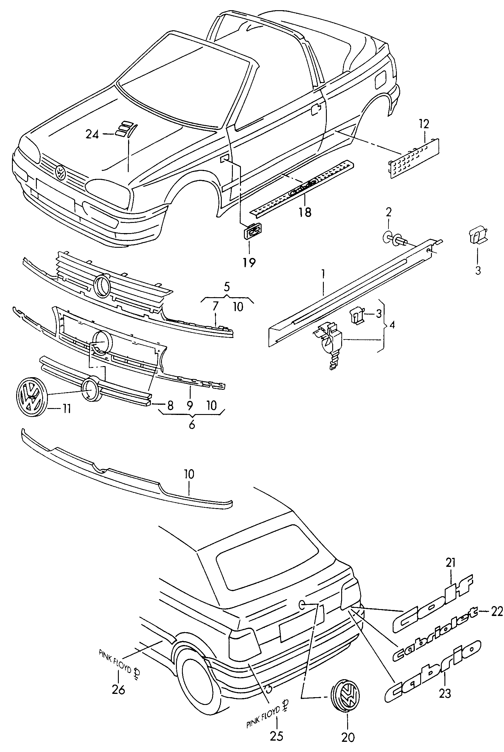 Volkswagen Golf Cabriolet (1994 - 1998) - Trim for pillar b. trim for wheel arch. Protective strips