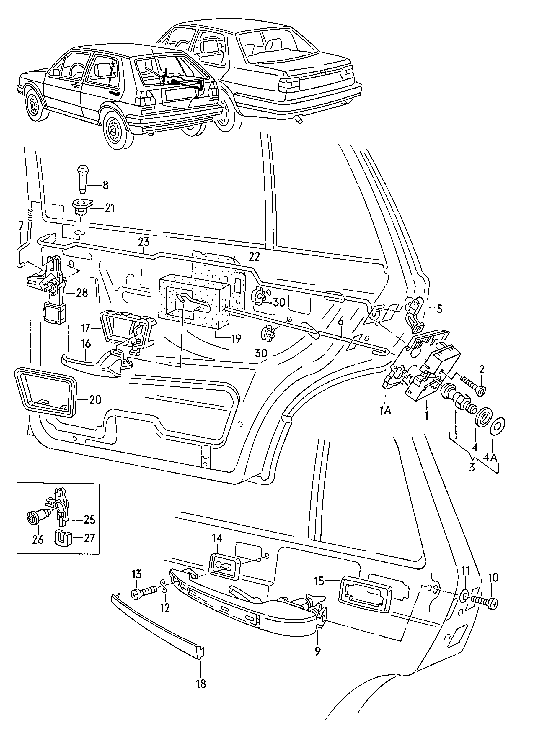 Door lock. Inner actuator. Door handle, exterior