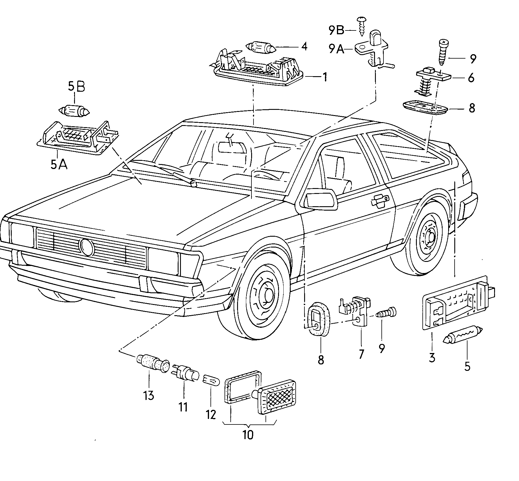 Volkswagen Golf (1982 - 1984) - Interior light. luggage compartment light. door contact switch. Glove compartment lid light. Turn signal indicator