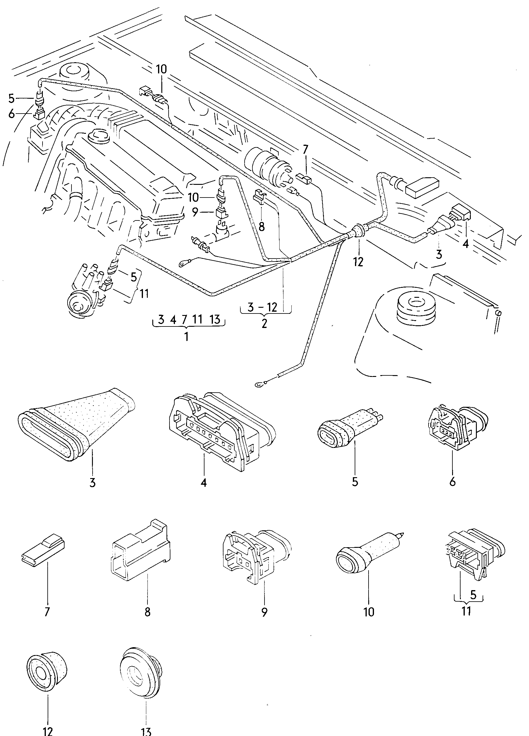 Wiring set for battery and 3-phase alternator. Earth line