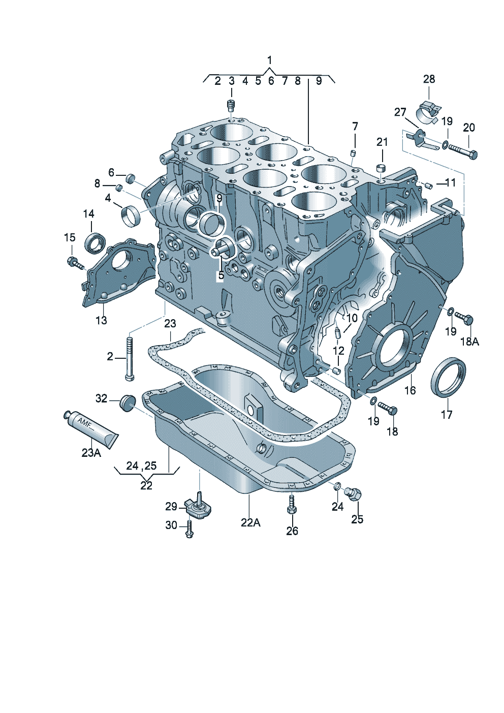 Volkswagen Golf (1997 - 1998) - Cylinder block with pistons. oil sump