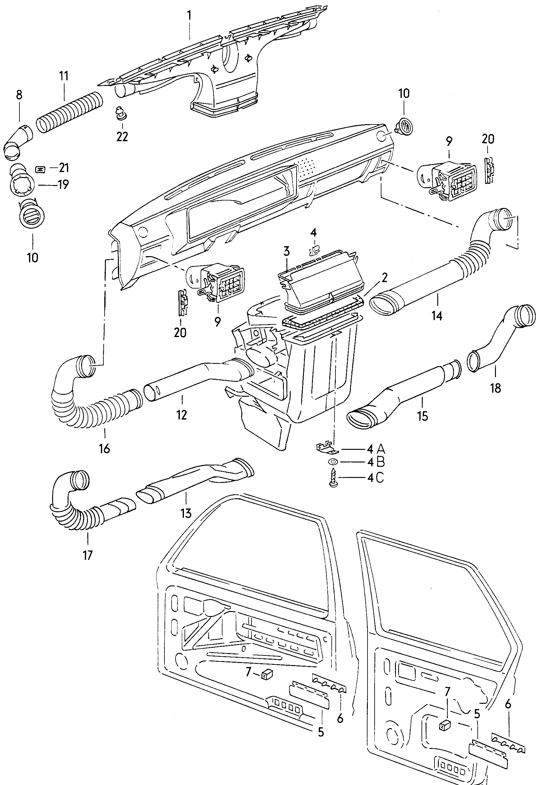 Volkswagen Golf (1979 - 1980) - Fan motor. heat exchanger. fresh air and heater controls