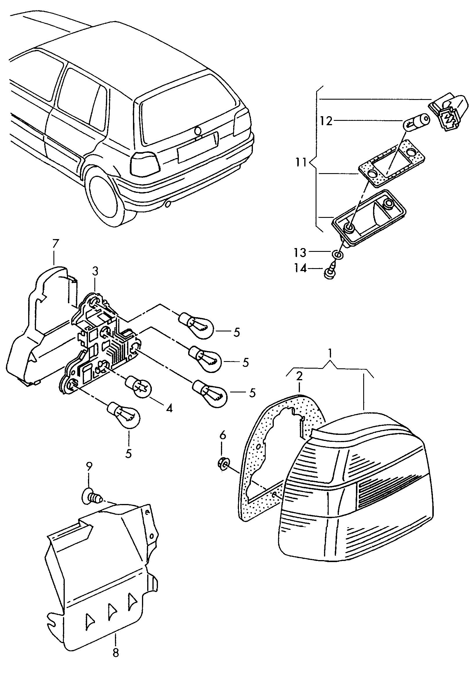 Volkswagen Golf (1997 - 1998) - Brake, turn signal and taillights. Licence plate light